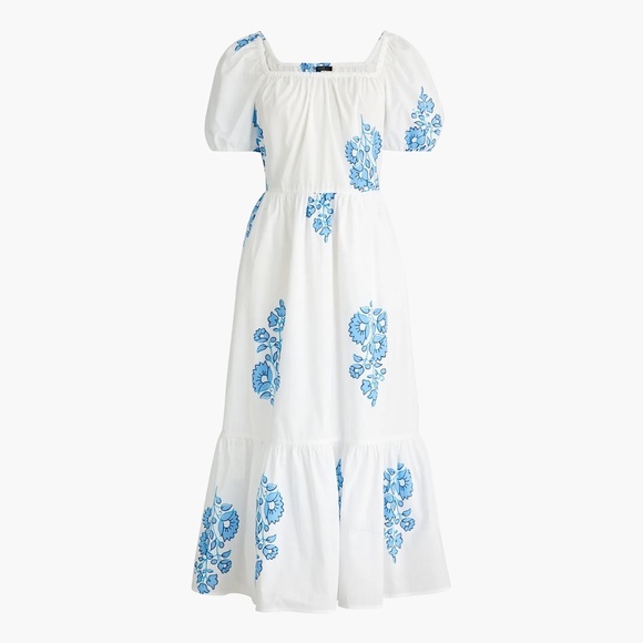 EUC J.Crew Factory Blue White Floral Puff Sleeve Tiered Midi Dress Size 2 - Picture 2 of 2
